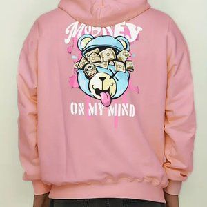 {NEW} Men's Pink Cartoon Bear Money Back Print Hoodie L